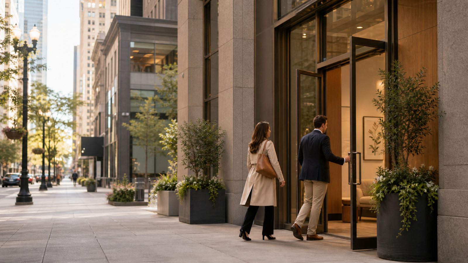 Modern Chicago Loop clinic entrance with patients arriving for care
