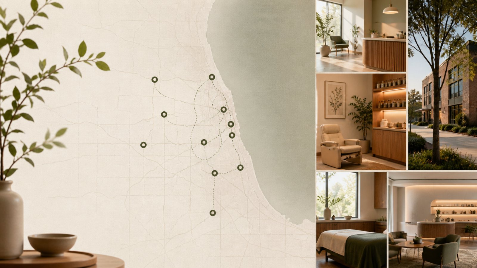 Chicago area expansion map with clinic images and future location markers