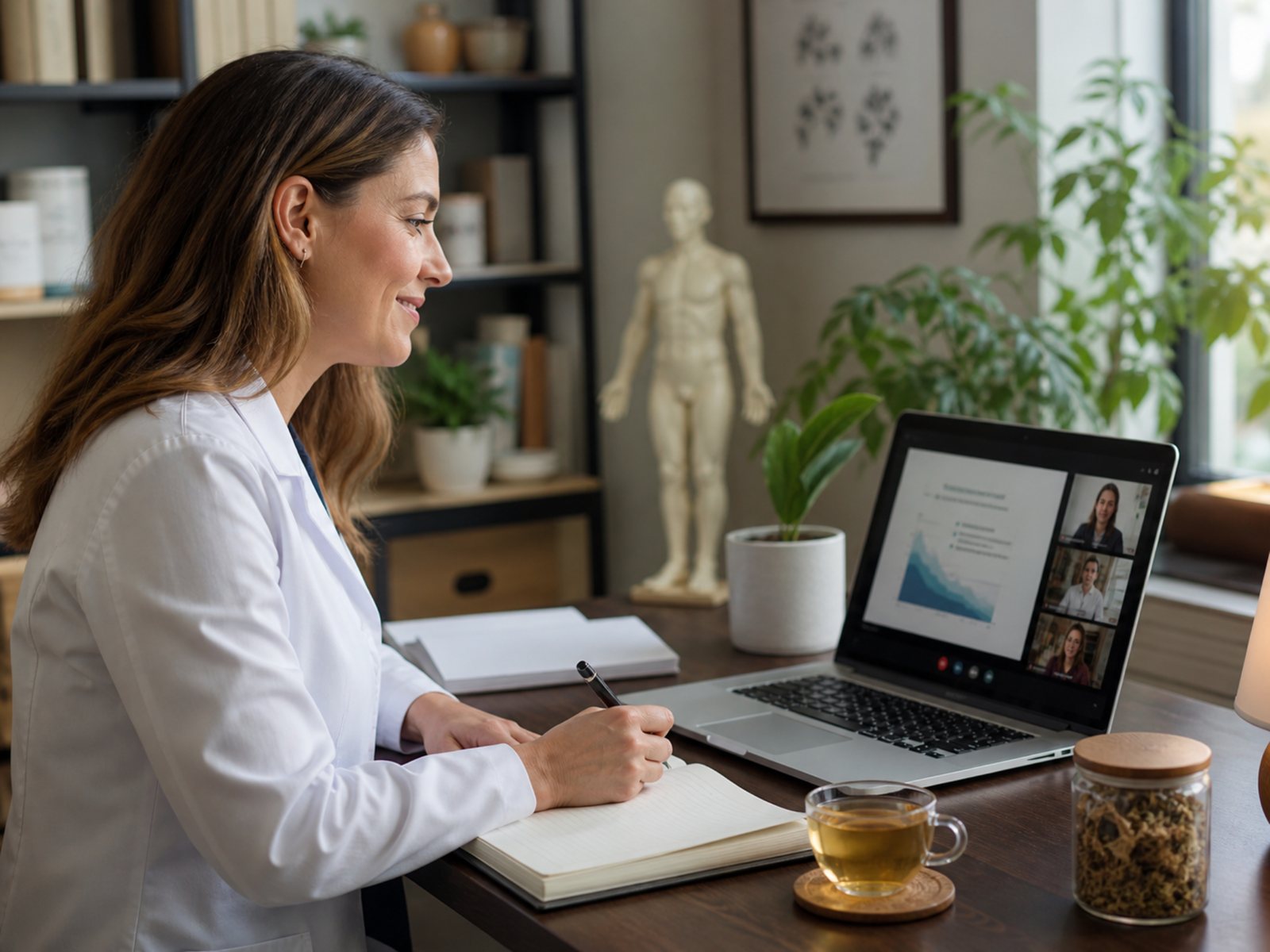 Practitioner participating in an online education webinar from a clinic office