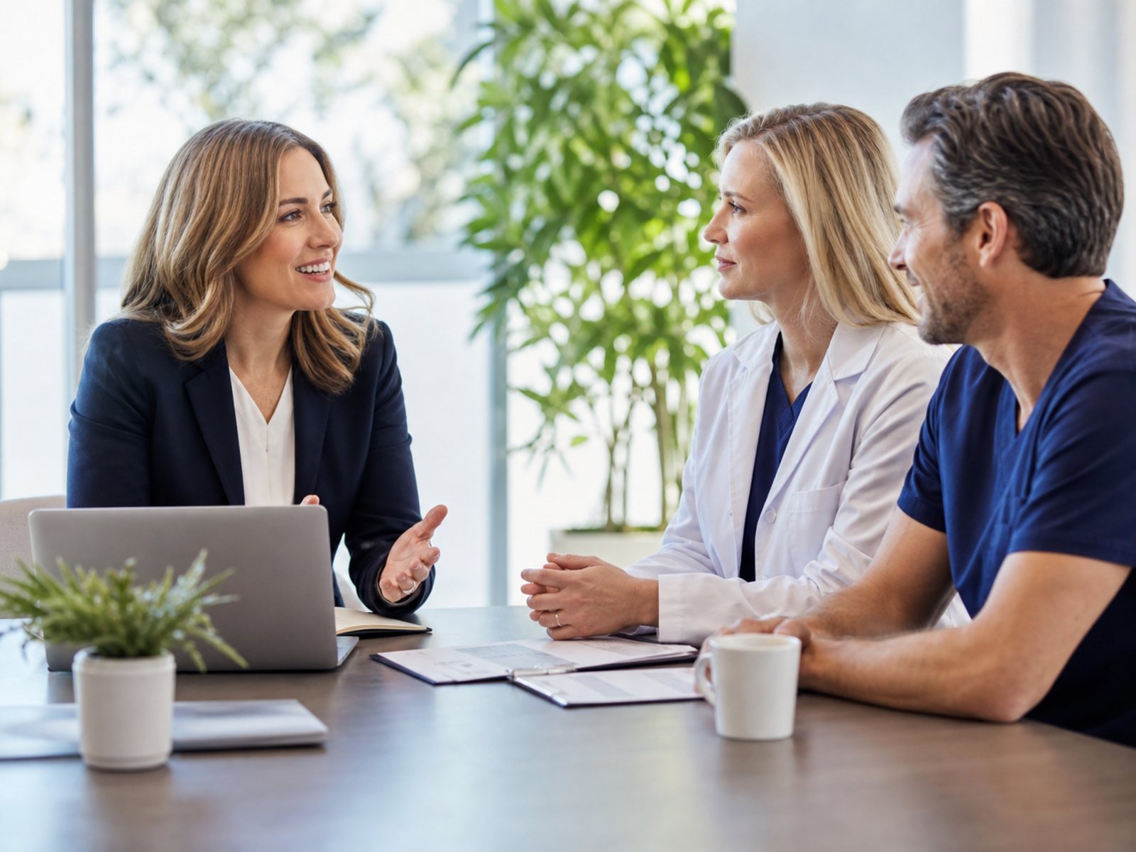 Professional partner meeting with healthcare providers and a laptop in a bright office