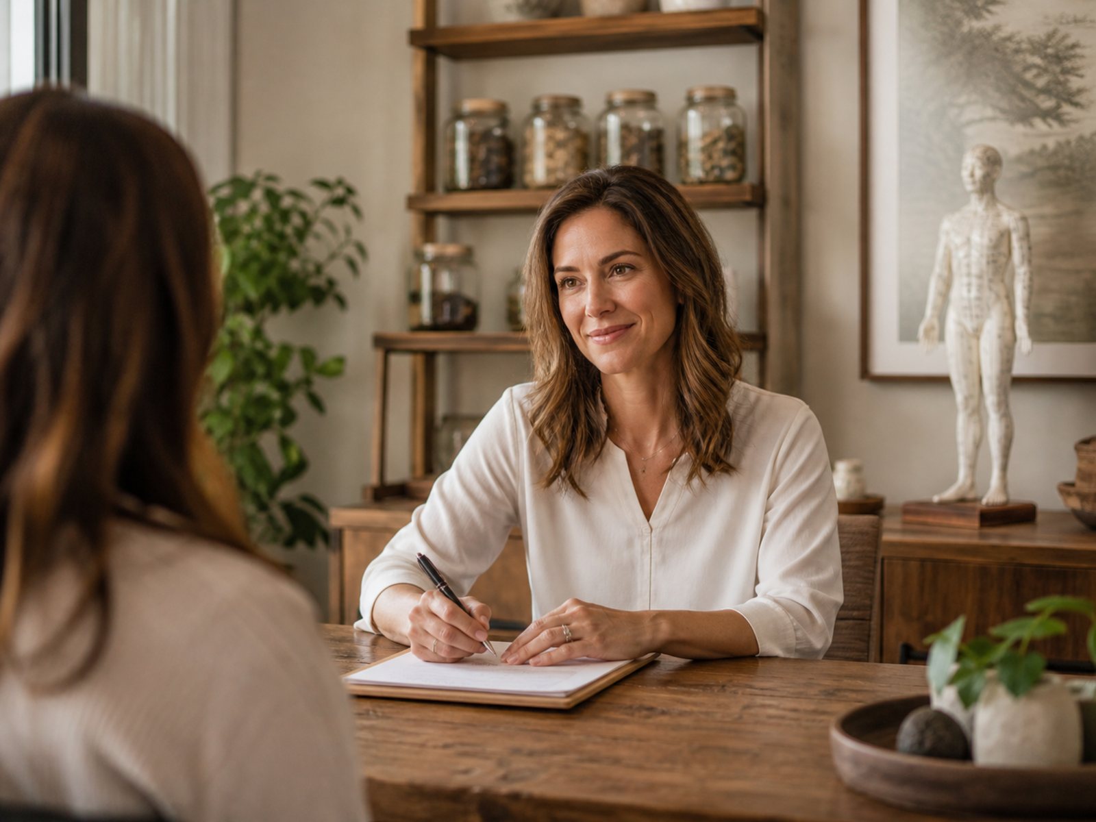 Founder-style consultation scene in a warm Traditional Chinese Medicine inspired clinic office