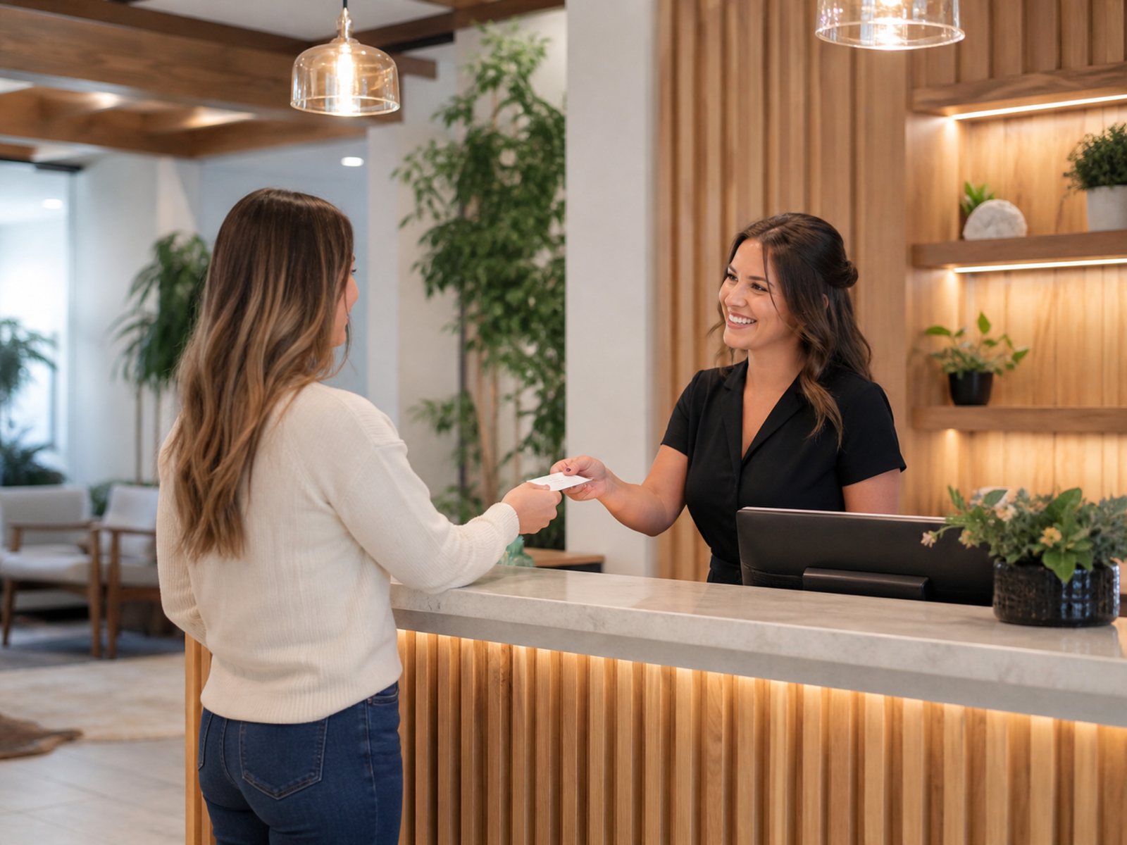 Welcoming clinic reception interaction with a patient at the front desk
