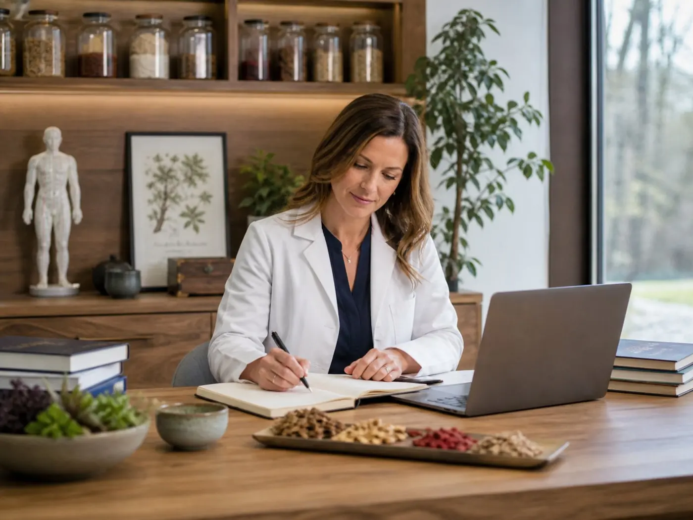 Clinician writing at a laptop with Traditional Chinese and East Asian Medicine reference materials