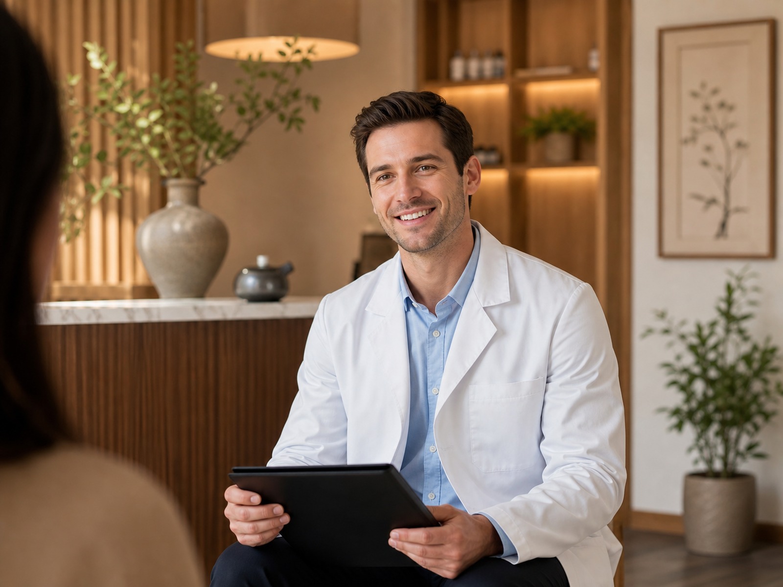 Male medical professional candidate smiling during a welcoming career conversation in a modern clinic