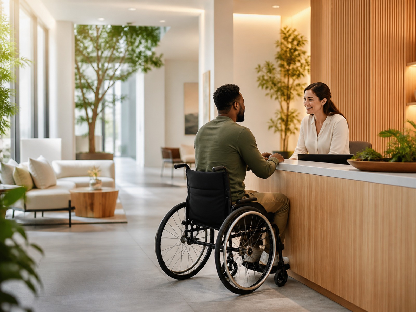Accessible clinic reception experience with a wheelchair user speaking with a welcoming team member